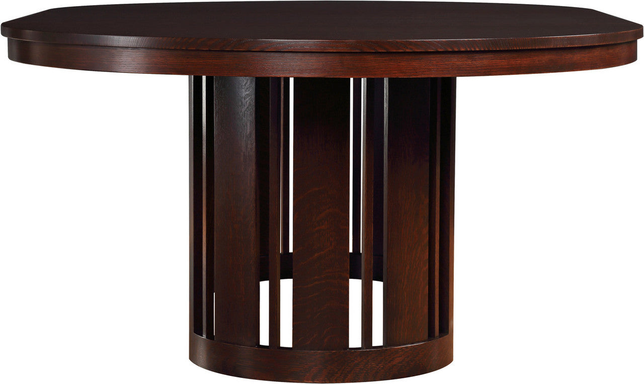 Wooden round table with a dark brown finish.