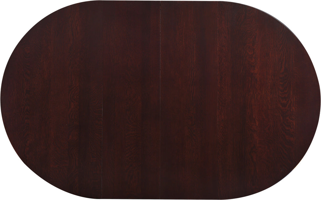 Wooden round table with a dark brown finish.