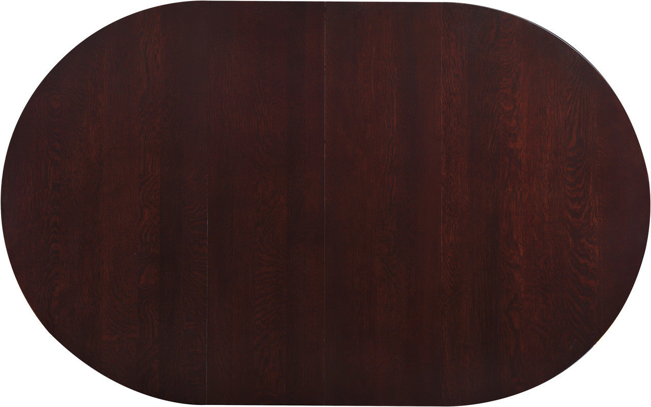 Wooden round table with a dark brown finish.