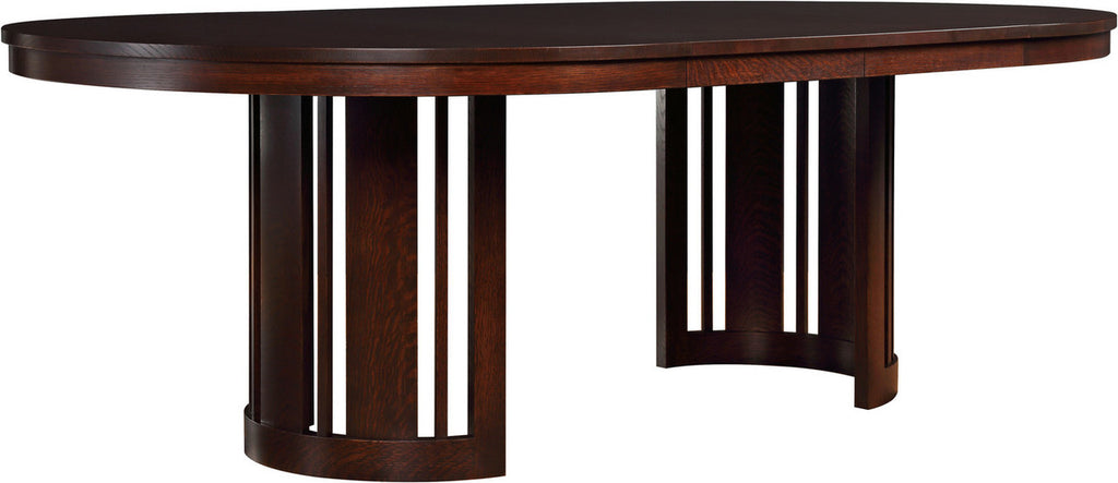 Wooden round table with a dark brown finish.