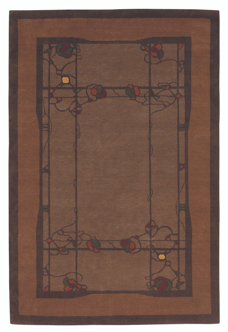Brown area rug with decorative border on a plain background