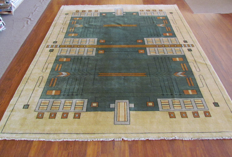 Prairie III Hand Knotted Wool Area Rug PC-58 – full view of Frank Lloyd Wright inspired Prairie Style geometric design in green and cream