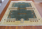 Prairie III Hand Knotted Wool Area Rug PC-58 – full view of Frank Lloyd Wright inspired Prairie Style geometric design in green and cream