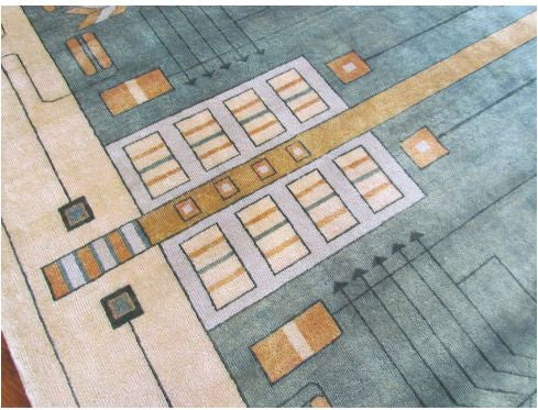 Prairie III Wool Area Rug PC-58 design capture – close-up of hand knotted geometric stained glass pattern in green and cream colorway