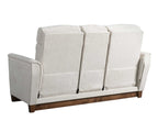 Light gray love seat sofa with wooden base on a white background