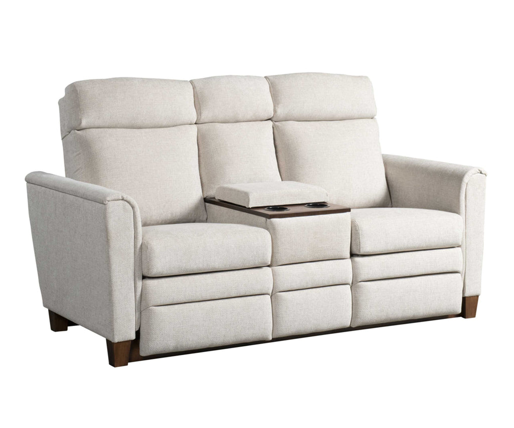 Gray reclining sofa with cup holders on a white background
