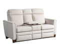 Gray reclining sofa with cup holders on a white background