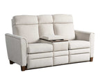 Gray reclining sofa with cup holders on a white background
