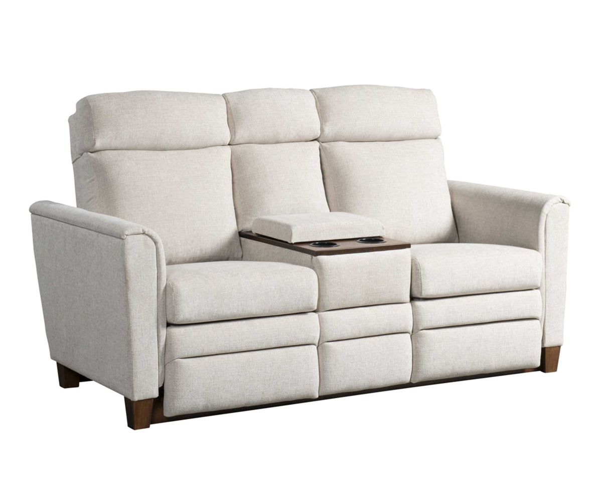Gray reclining sofa with cup holders on a white background