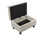 Beige storage ottoman with open lid on a white background