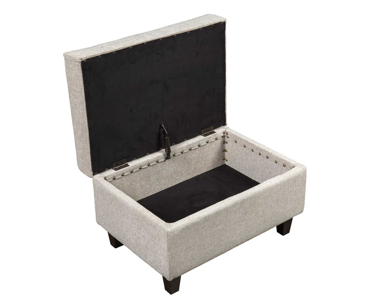 Beige storage ottoman with open lid on a white background