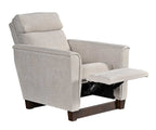 Baltimore recliner in open position in beige fabric on a white background. 
