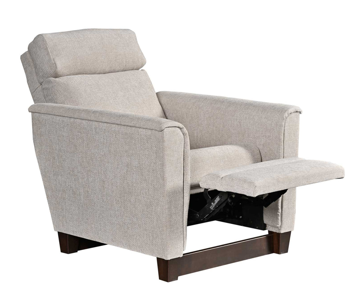 Baltimore recliner in open position in beige fabric on a white background. 