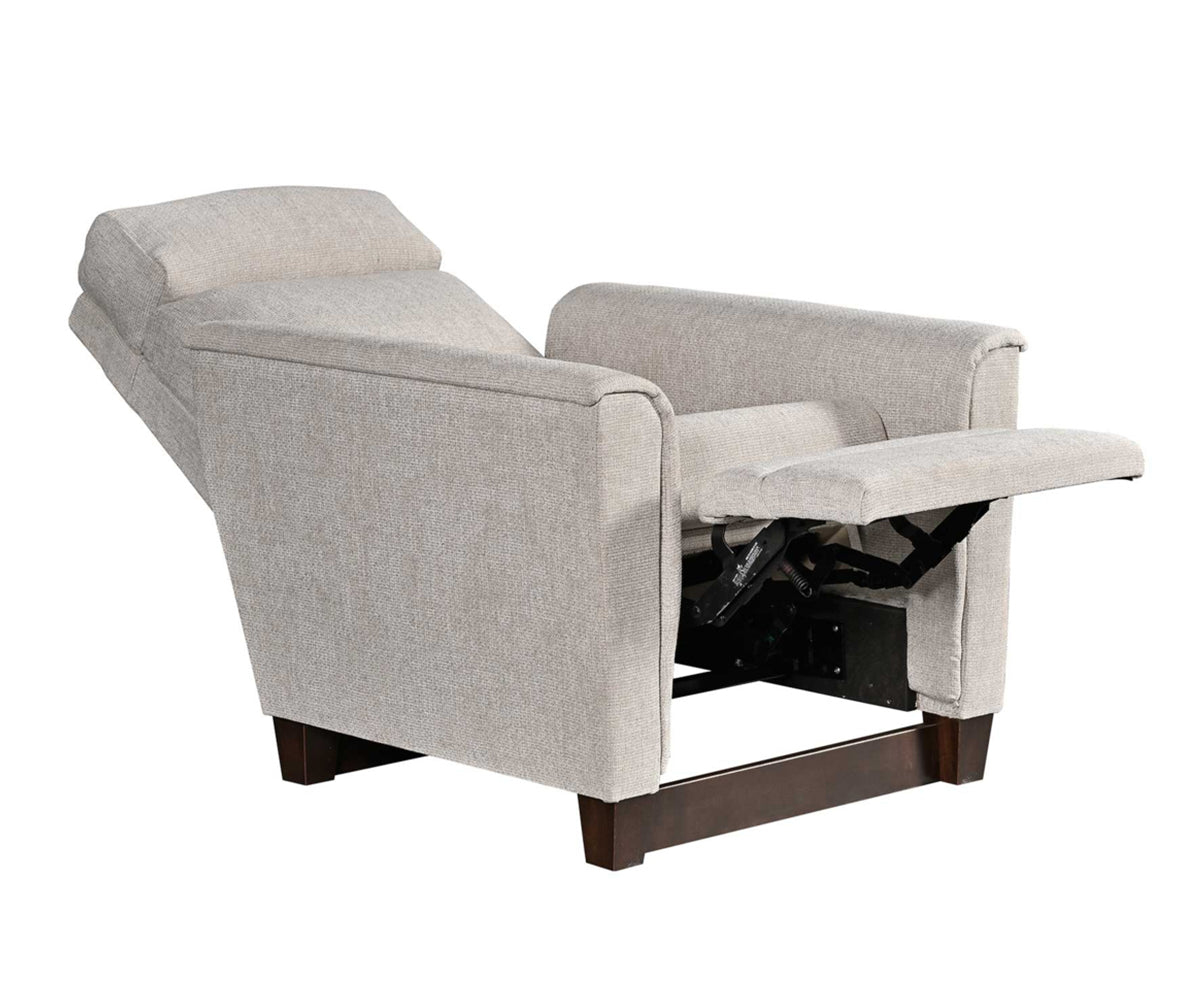 Gray recliner chair with wooden legs on a white background