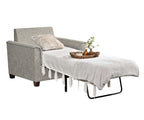 Gray upholstered chair with a white cover and decorative items on a white background