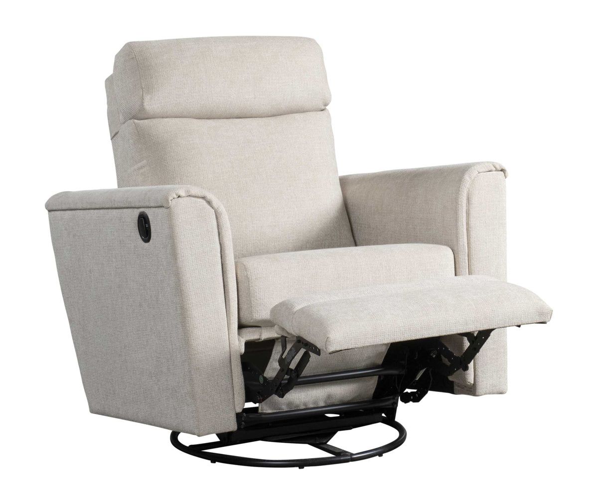 Baltimore swivel glider recliner in beige in the reclined position. 