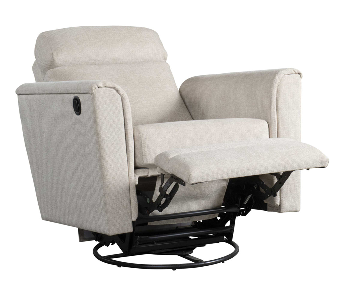 Baltimore swivel glider recliner in beige in a deeper reclined position. 