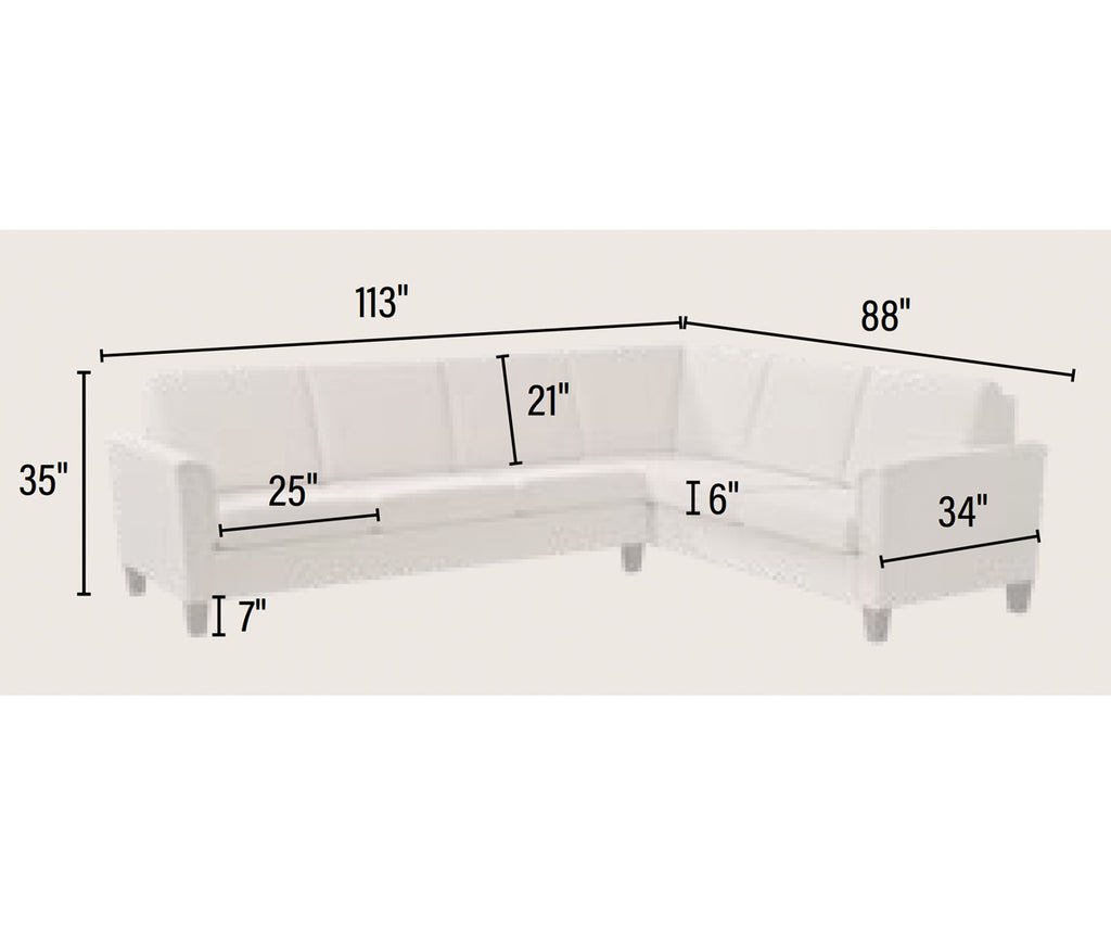 White sectional sofa with dimensions marked on a white background