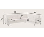 White sectional sofa with dimensions marked on a white background