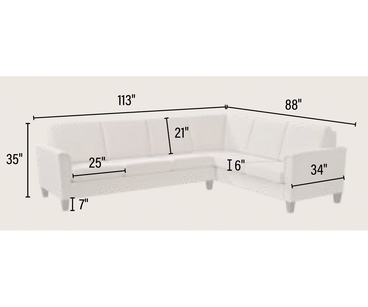 White sectional sofa with dimensions marked on a white background