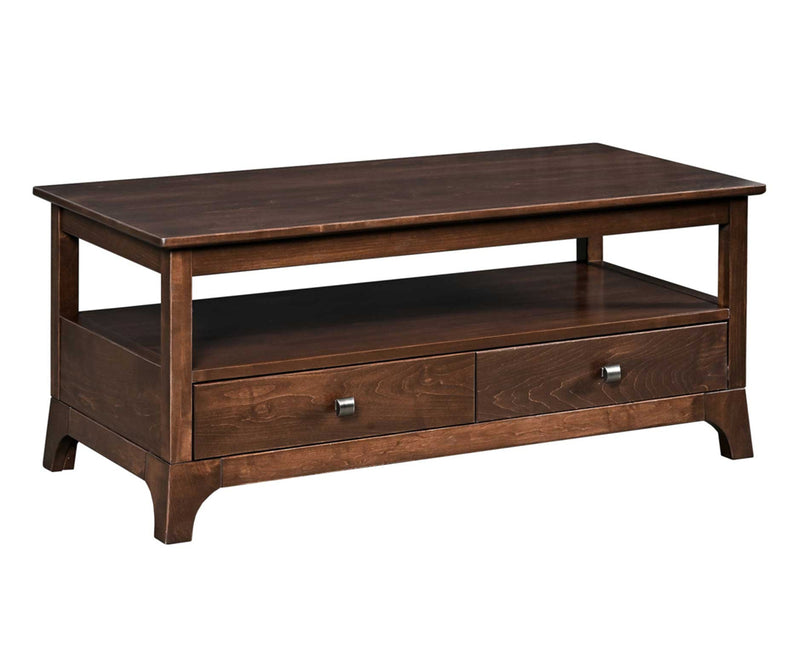 Wooden coffee table with two drawers on a white background