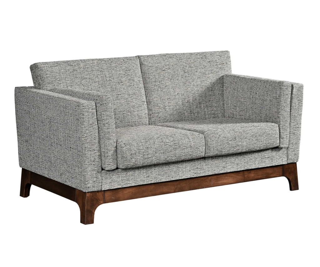 Love seat with two seats and gray fabric.