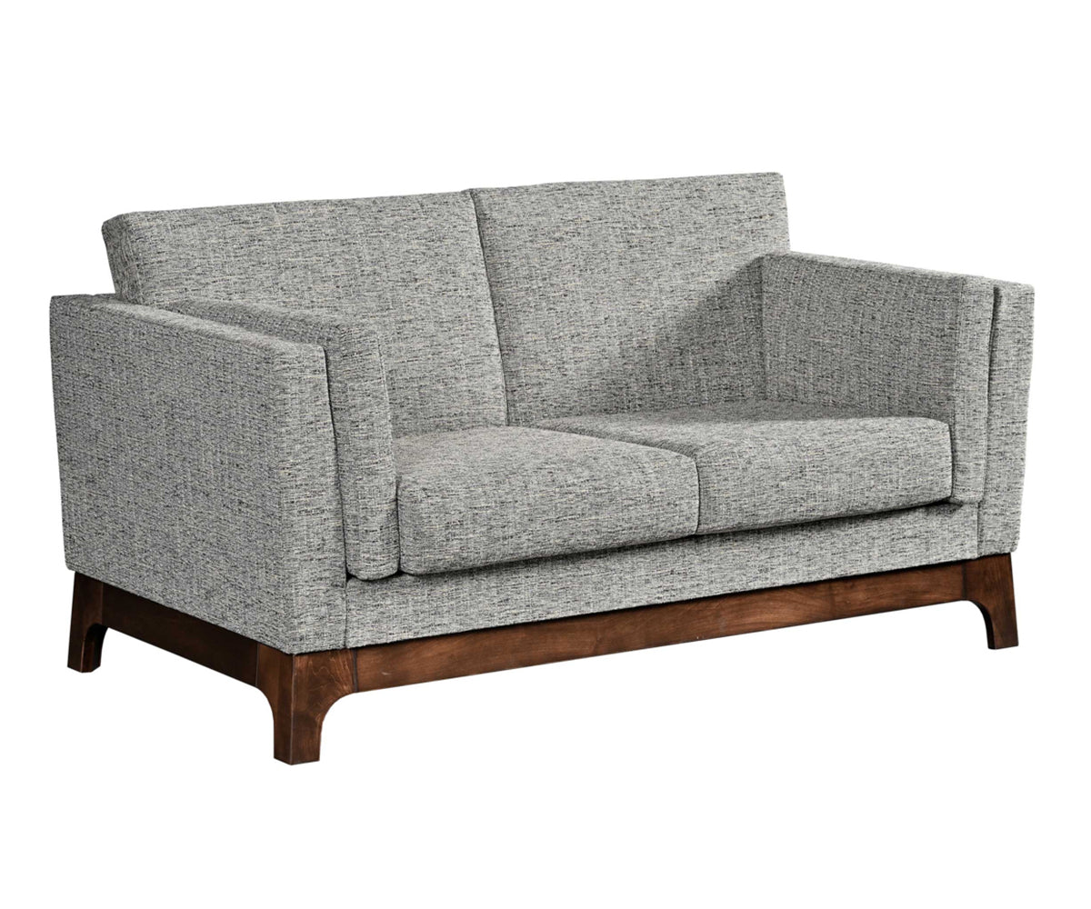 Love seat with two seats and gray fabric.