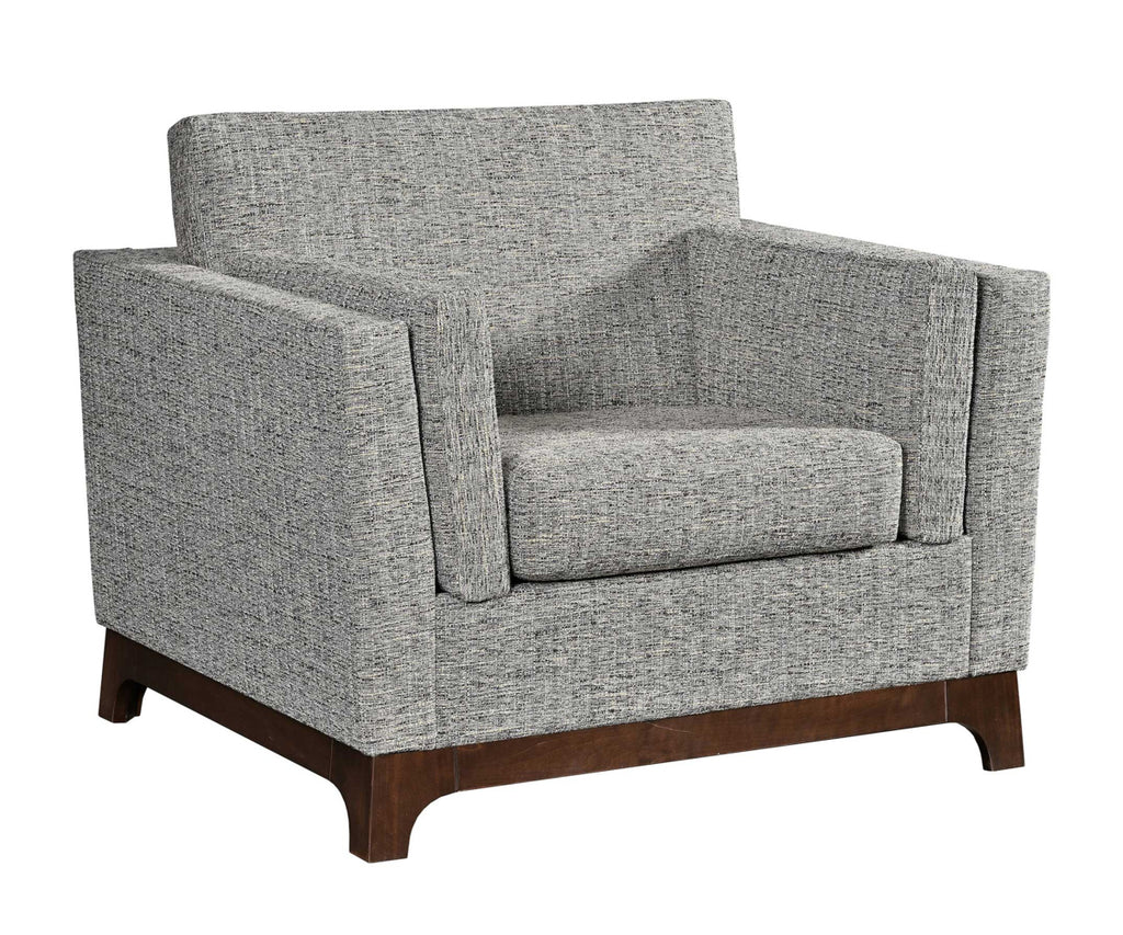 Arm chair in grey fabric on white background.