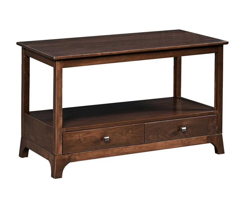 Wooden console table with two drawers on a white background