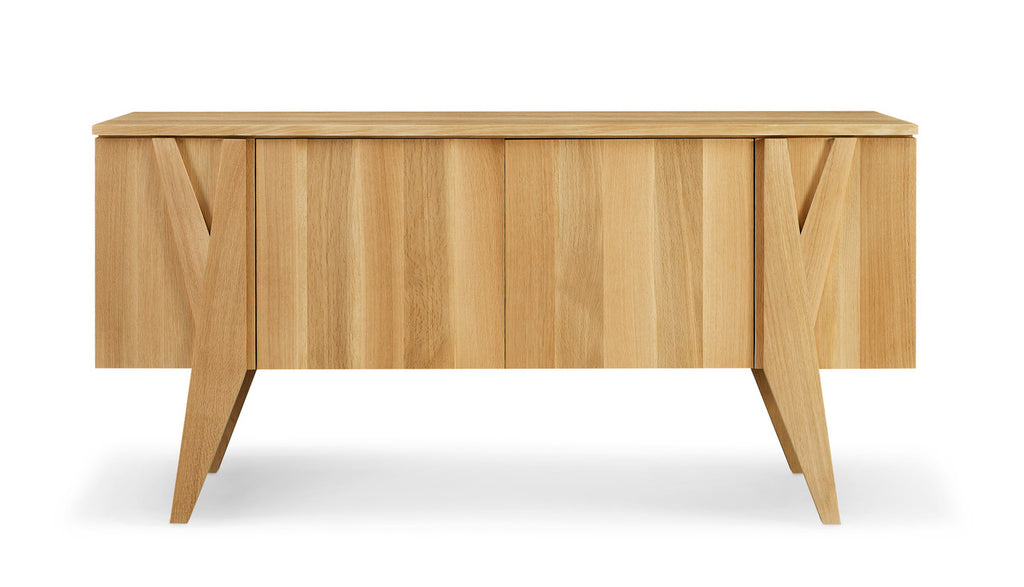 Wooden sideboard with a minimalist design on a white background