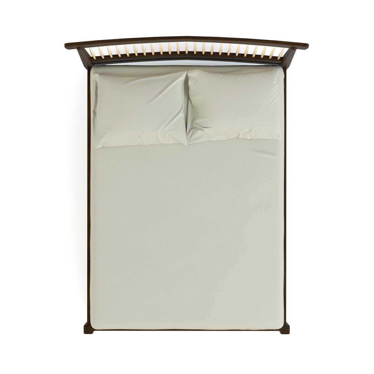Bed with beige bedding and wooden headboard on a white background