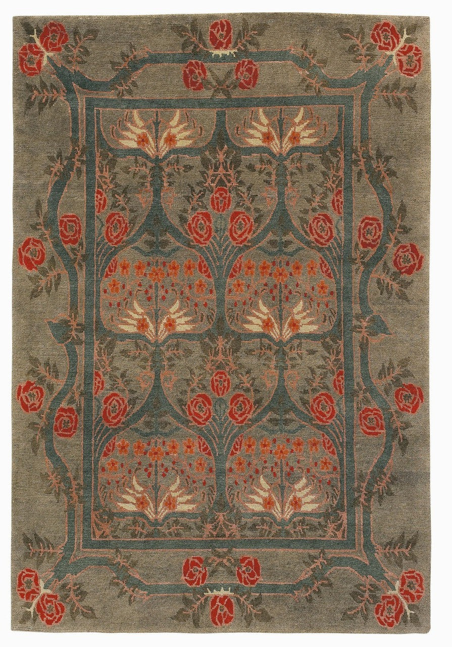 Decorative rug with floral and leaf patterns on a gray background