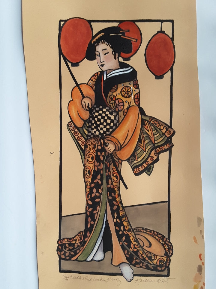 A vintage Japanese-style art print or illustration on aged beige paper, depicting a woman in an ornate patterned kimono holding a fan, with red lanterns above and a white background around the paper edges.