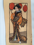 A vintage Japanese-style art print or illustration on aged beige paper, depicting a woman in an ornate patterned kimono holding a fan, with red lanterns above and a white background around the paper edges.