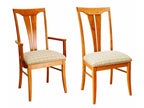 Two wooden chairs with patterned cushions on a white background