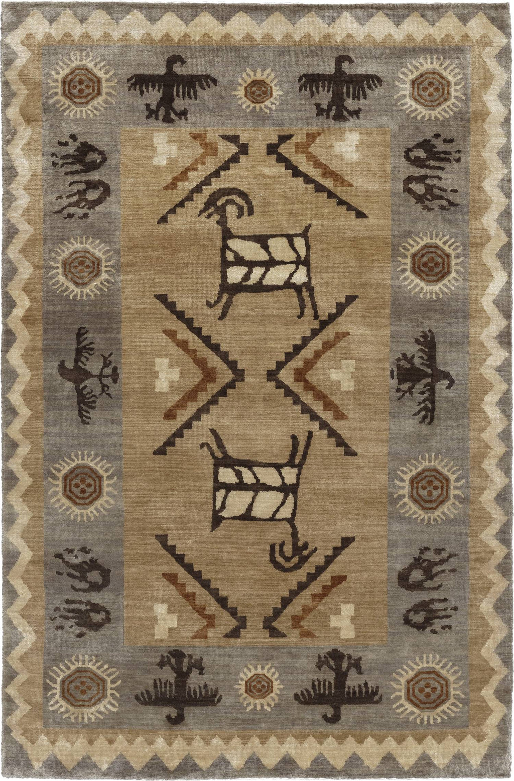 Rug with geometric pattern featuring animals and abstract shapes