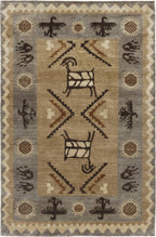 Rug with geometric pattern featuring animals and abstract shapes