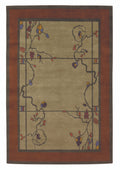 Craftsman Rose and Wisteria Spice hand-knotted wool area rug with spice-red border, sage green field, and floral vine motif in plum, lavender, and goldenrod — Arts and Crafts style, made in Nepal