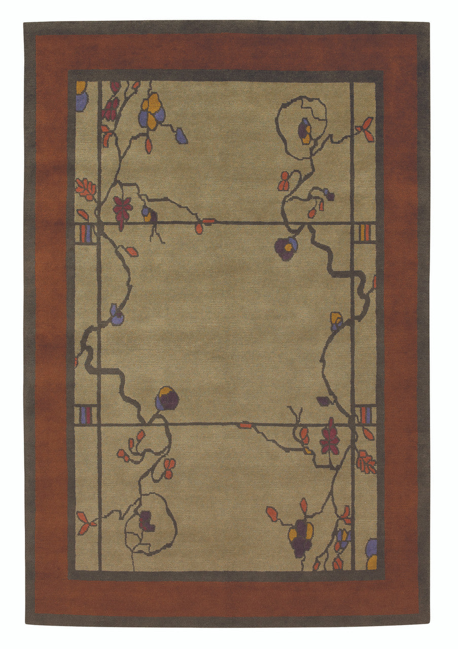 Craftsman Rose and Wisteria Spice hand-knotted wool area rug with spice-red border, sage green field, and floral vine motif in plum, lavender, and goldenrod — Arts and Crafts style, made in Nepal