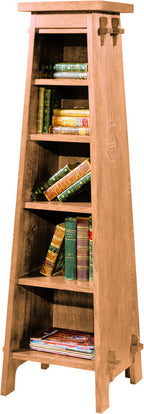 Wooden bookshelf with books on a white background