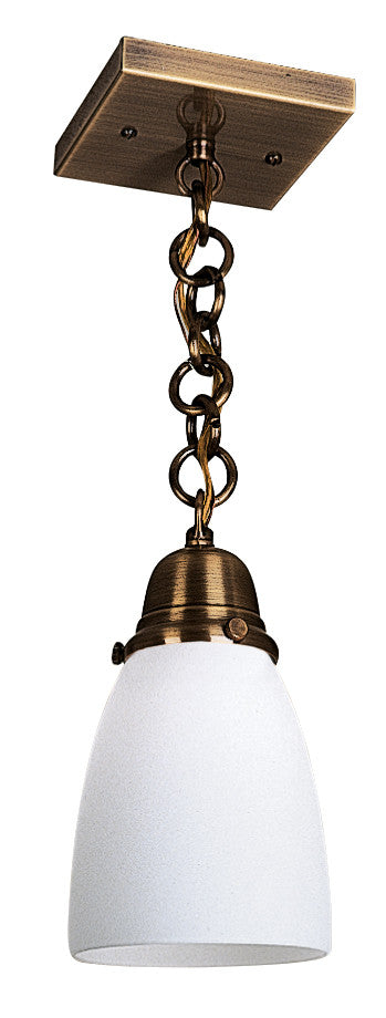 Vintage-style pendant light with brass fixture and white glass shade on a white background