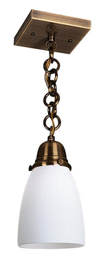 Vintage-style pendant light with brass fixture and white glass shade on a white background