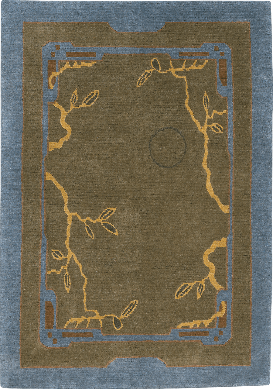 Rug with decorative border and leaf patterns on a blue and green background