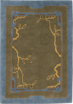 Rug with decorative border and leaf patterns on a blue and green background