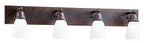 Bathroom light fixture with three glass shades on a dark metal frame.