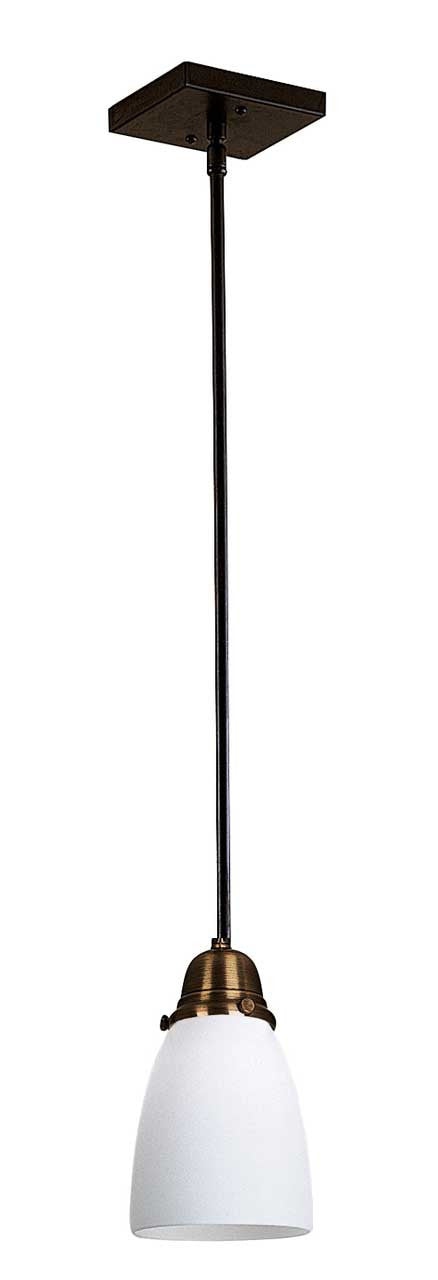 Pendant light with white glass shade and bronze fixture on a white background
