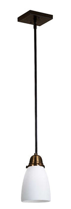 Pendant light with white glass shade and bronze fixture on a white background