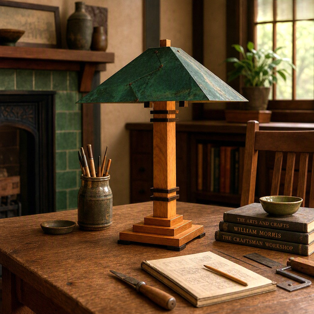 A vintage-style wooden table lamp with a green slatted conical shade and a warm honey-wood pedestal base, displayed on a rustic wooden table in a cozy, dimly lit room with a fireplace and books.
