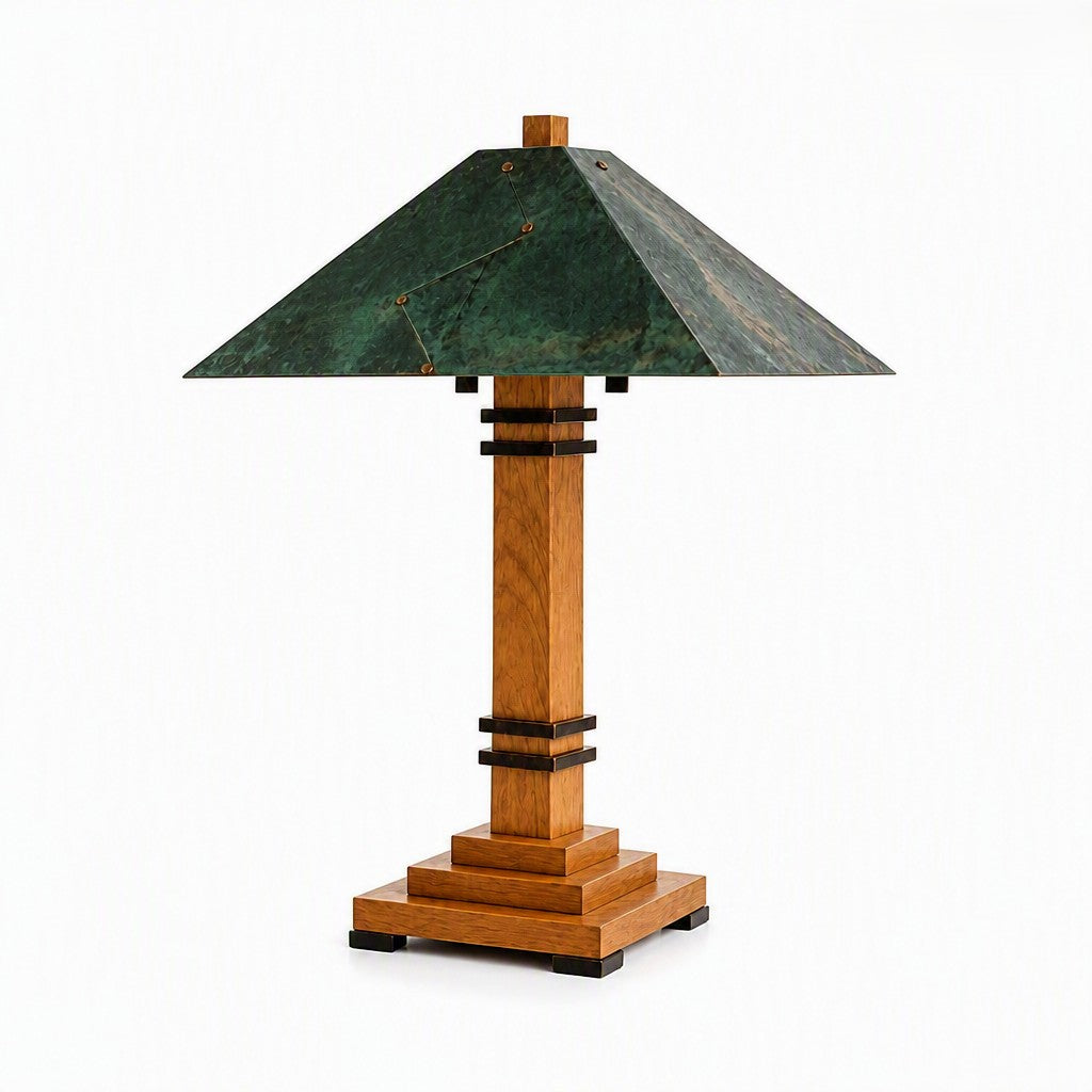 A table lamp with a dark green textured glass or stone conical shade, a warm medium-brown wooden column and tiered base, and black metal accents, shown on a plain white background.