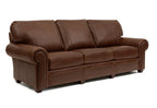 A three-seater brown leather sofa with rolled arms, button tufting, and nailhead trim, shown on a plain white background.